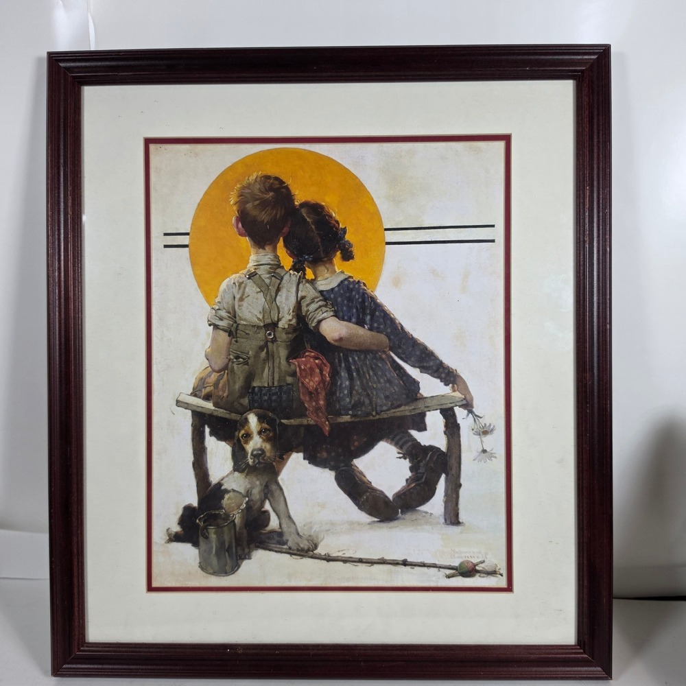Norman Rockwell Sunset Framed Art Print Boy and Girl Gazing at Moon 15x18